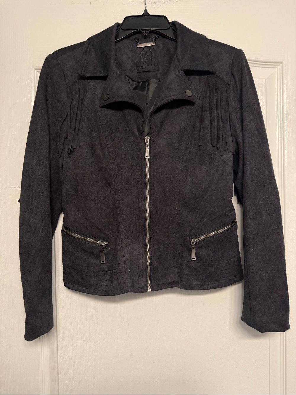 Odyn Black Faux Suede Fringe Moto Jacket Western Boho Size Small